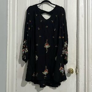 Free People Oxford Black Embroidered Long Balloon Sleeve Open Back Mini Dress M